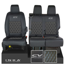 Load image into Gallery viewer, Vauxhall Vivaro MK3 INKA Bentley Diamond Quilt Leatherette Front 1+2 Tailored Seat Covers Black MY19 To Present - CV Sport Embroidery
