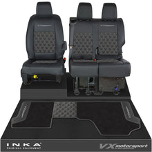 Load image into Gallery viewer, Vauxhall Vivaro MK3 Front 1+2 Bentley Leatherette Tailored Seat Covers &amp; Matching Tailored Floor Mat Black MY19 Onwards
